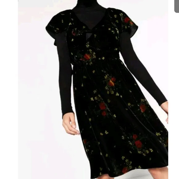 Zara Black Midi Dress Velvet Floral - Picture 2 of 9